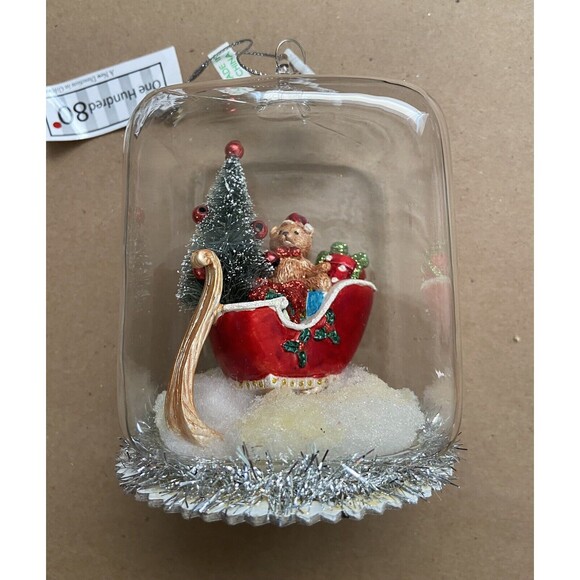 One Hundred 80 Degrees Domed Bear with Santa's Sleigh Ornament nwt - Picture 2 of 7